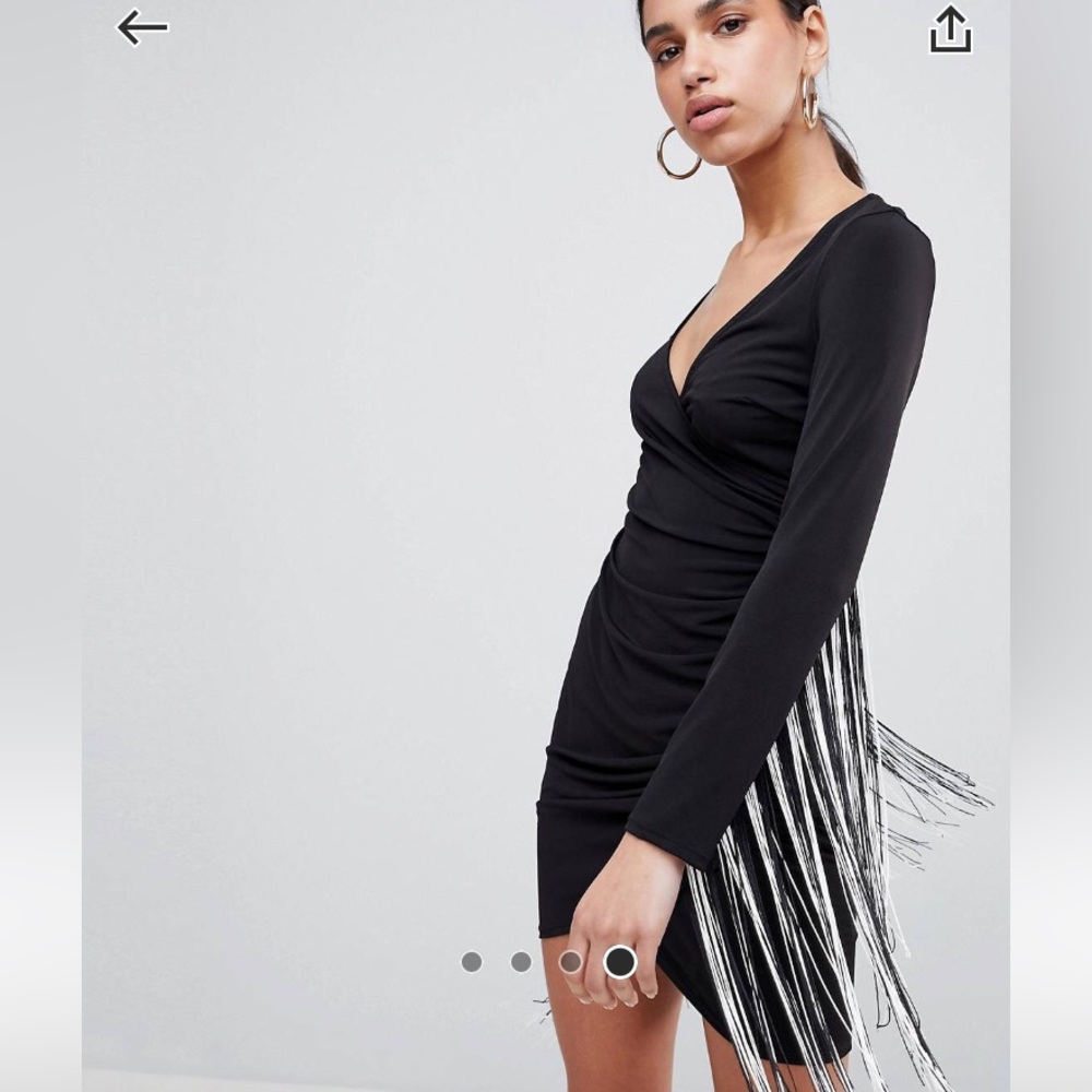 ASOS Flounce London Black Ruched Bodycon Dress with Black & White Fringe Sleeves